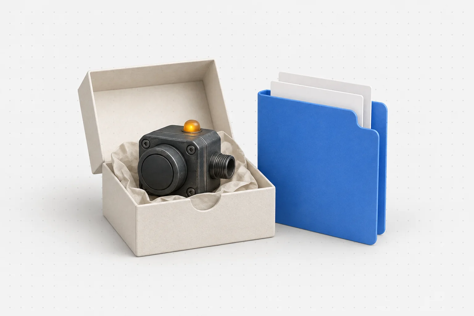 An older charcoal sensor in an open archival box beside a fresh blue reporting folder