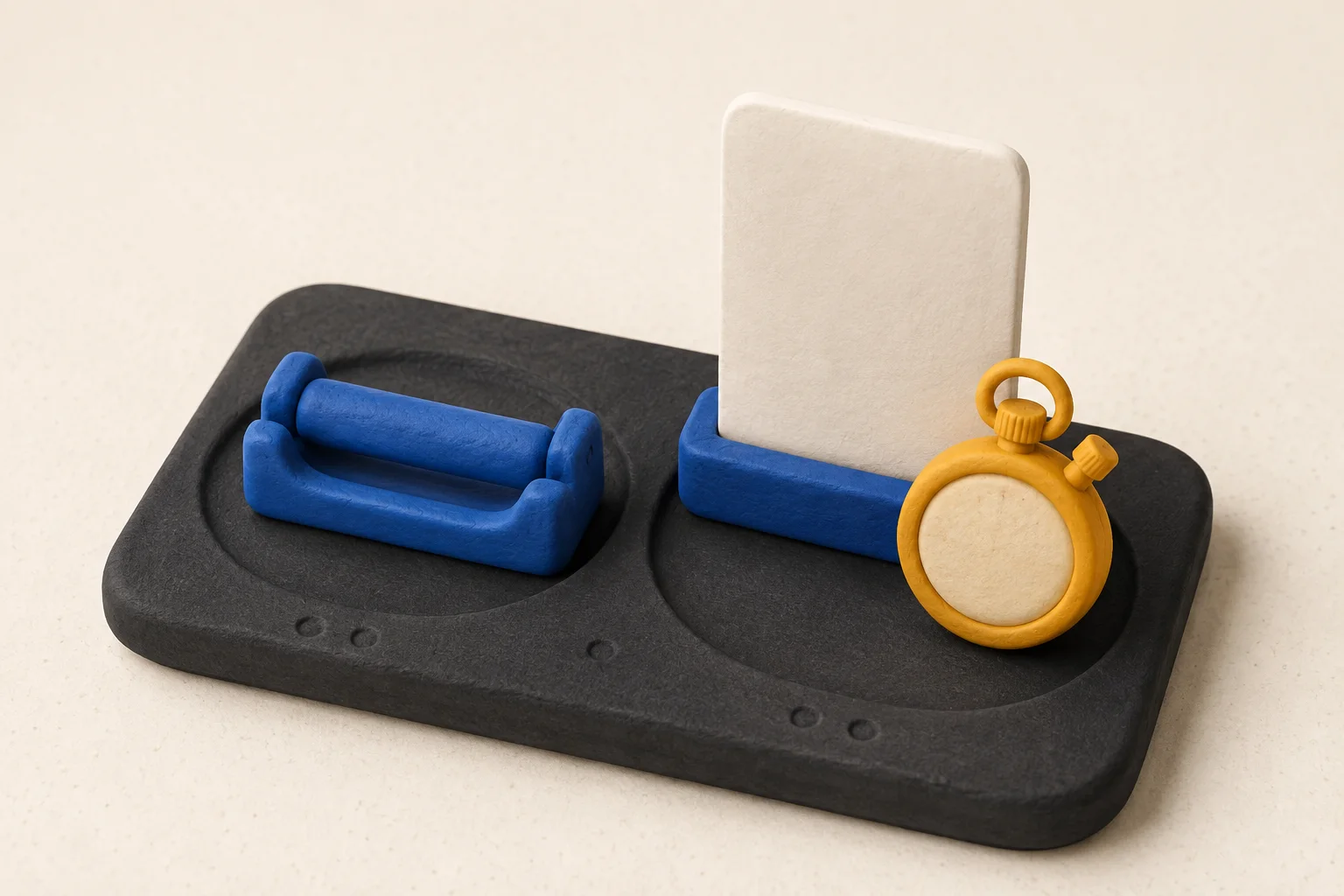 A blue handoff baton seated on a charcoal rehearsal board beside a blank report card and amber stopwatch