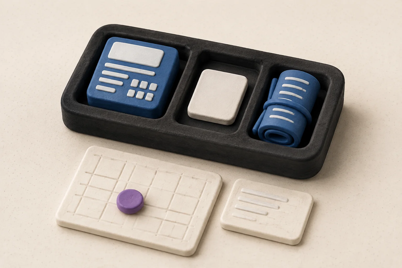 A fitted charcoal tray holding a product module, decision tile and rolled record beside an ivory grid sheet