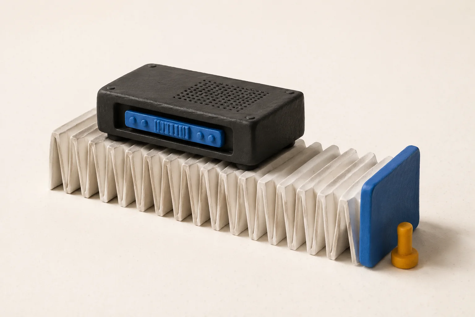A charcoal hardware module resting on folded ivory calendar leaves that end at a blue stop